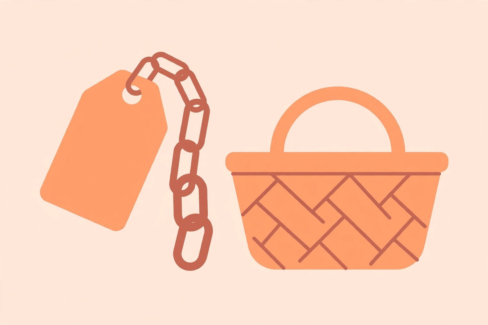 How much do niche edits cost: flat vector illustration of a price tag with a chain link beside a shopping basket