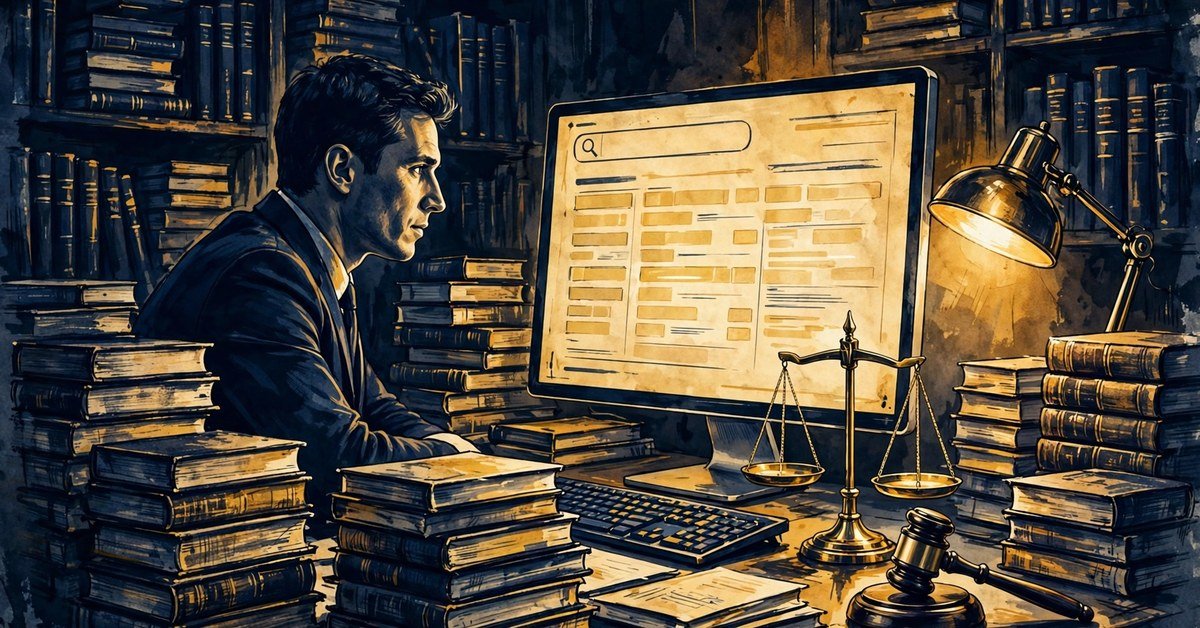 Duotone editorial illustration of AI tools for lawyers used for legal research, with a lawyer reviewing case law documents on a large screen beside legal volumes, scales of justice and a gavel