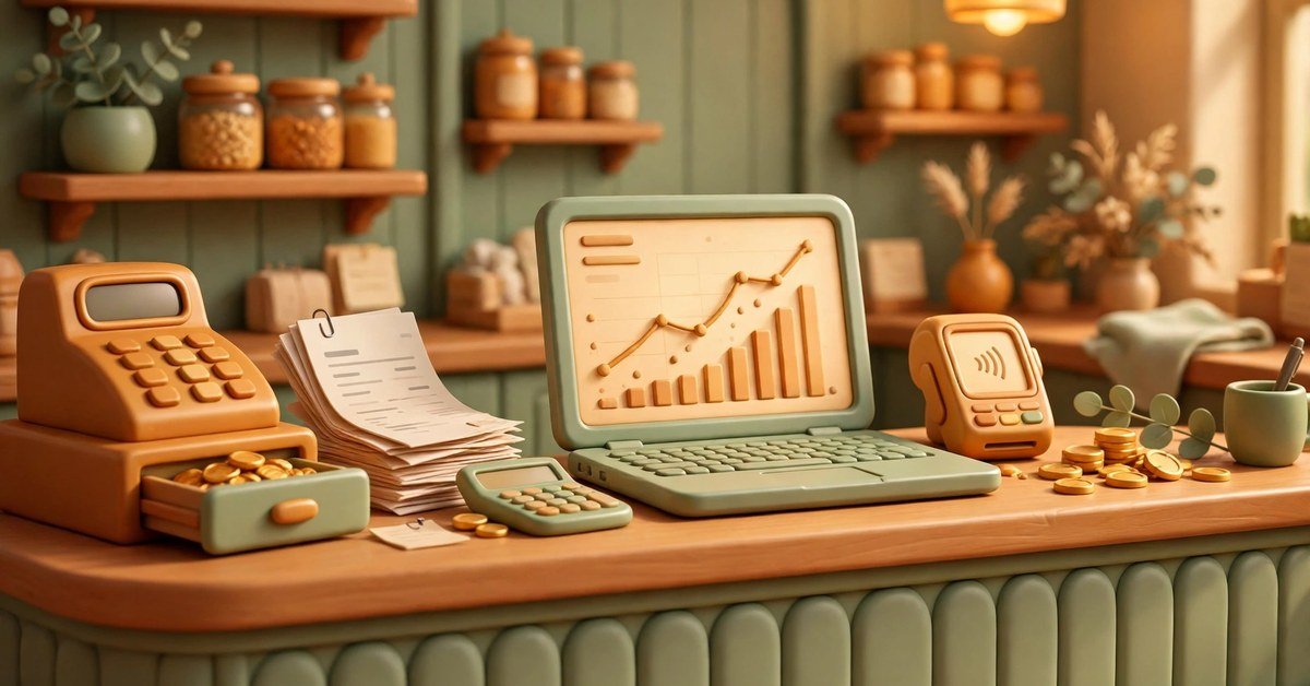 3D illustration of the best AI tools for small business handling money in and money out, with a cash register, invoices, a calculator and a laptop showing a rising revenue chart