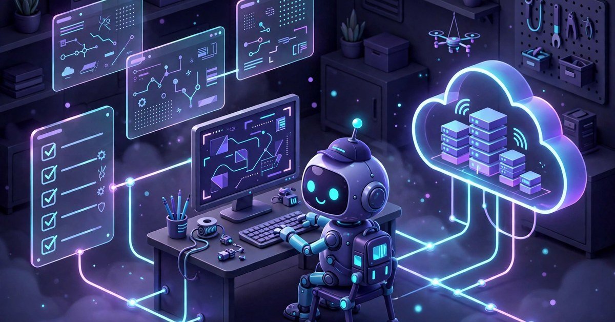 Isometric 3D illustration of autonomous AI coding tools and coding agents completing whole tasks at a terminal, with floating code windows and a ticked task checklist