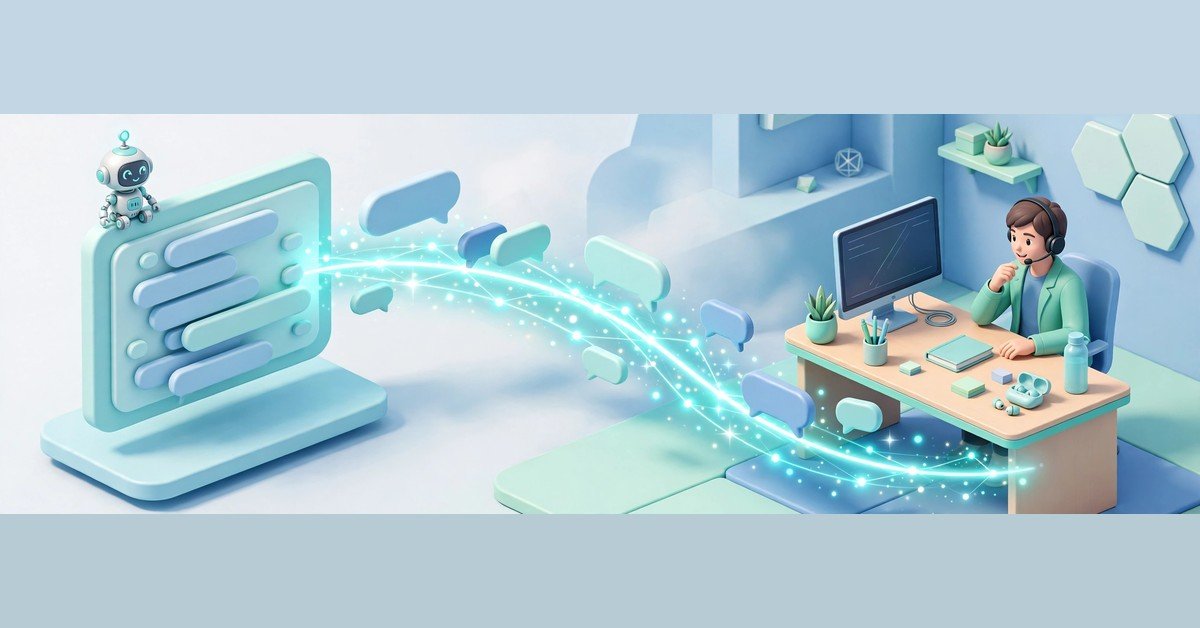 Isometric illustration of the best AI chatbots for customer service handing a live chat conversation over to a human support agent wearing a headset