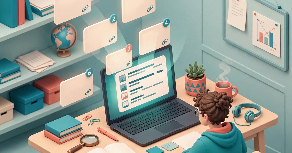 Isometric illustration of a researcher using Perplexity, a ChatGPT alternative for web research, with numbered citation cards and source links rising from a laptop search results page