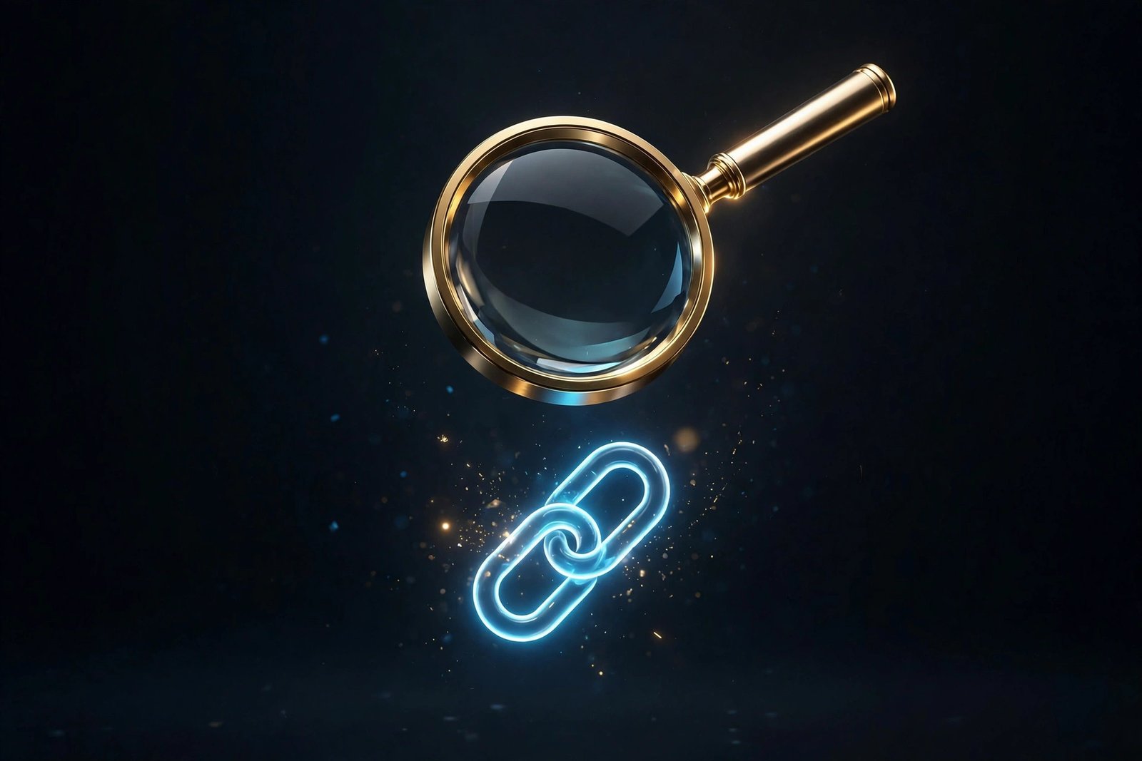 Magnifying glass inspecting a hyperlink, symbolizing vetting link placements