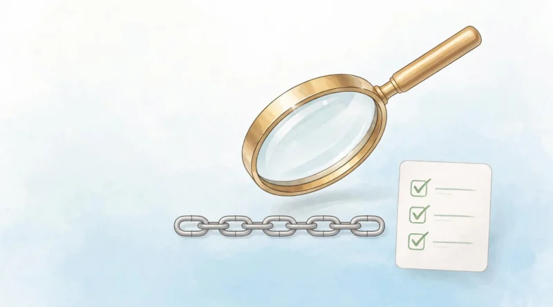 Backlink audit checklist: magnifying glass inspecting a backlink profile with a checklist