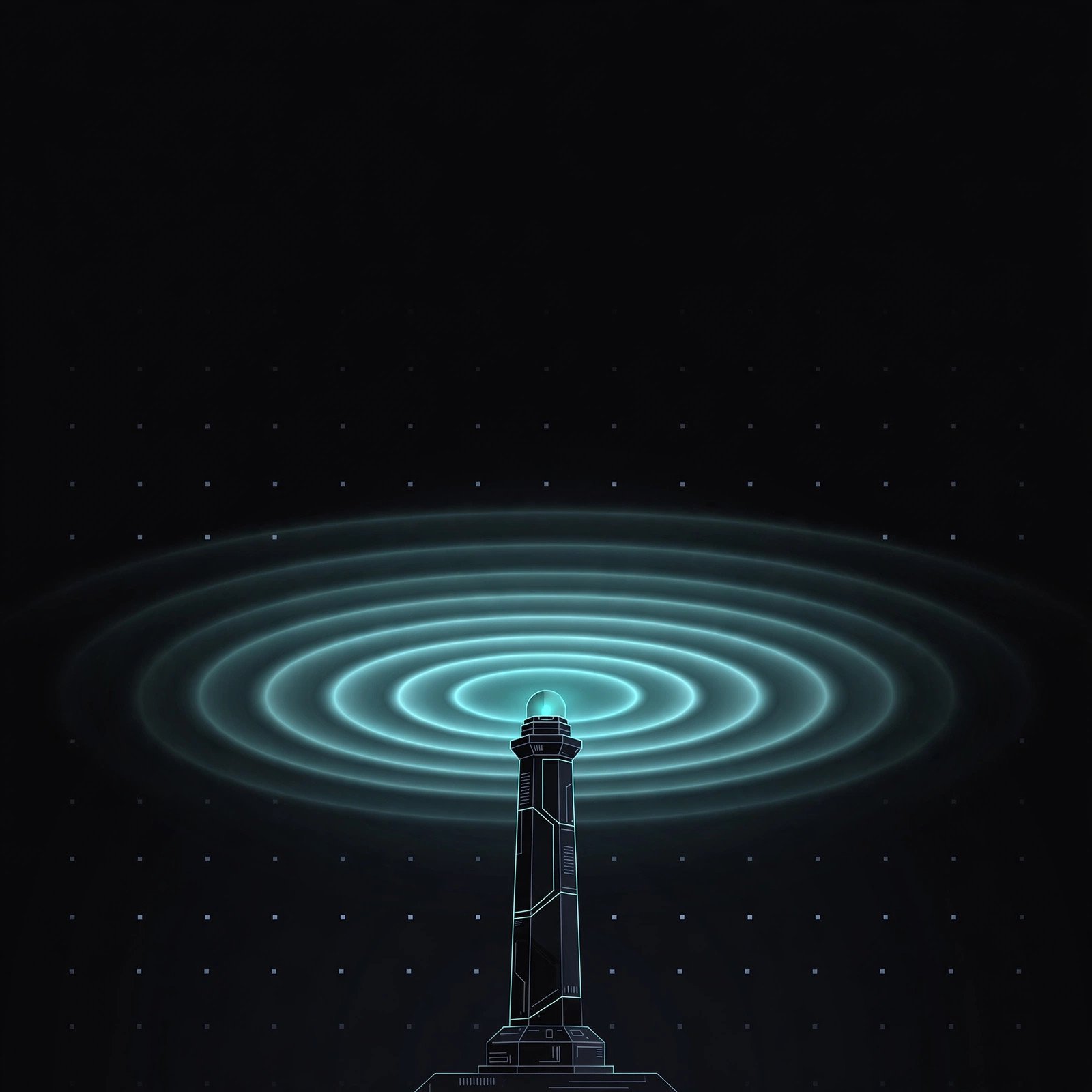 A small signal beacon emitting soft cyan rings of light on a dark background