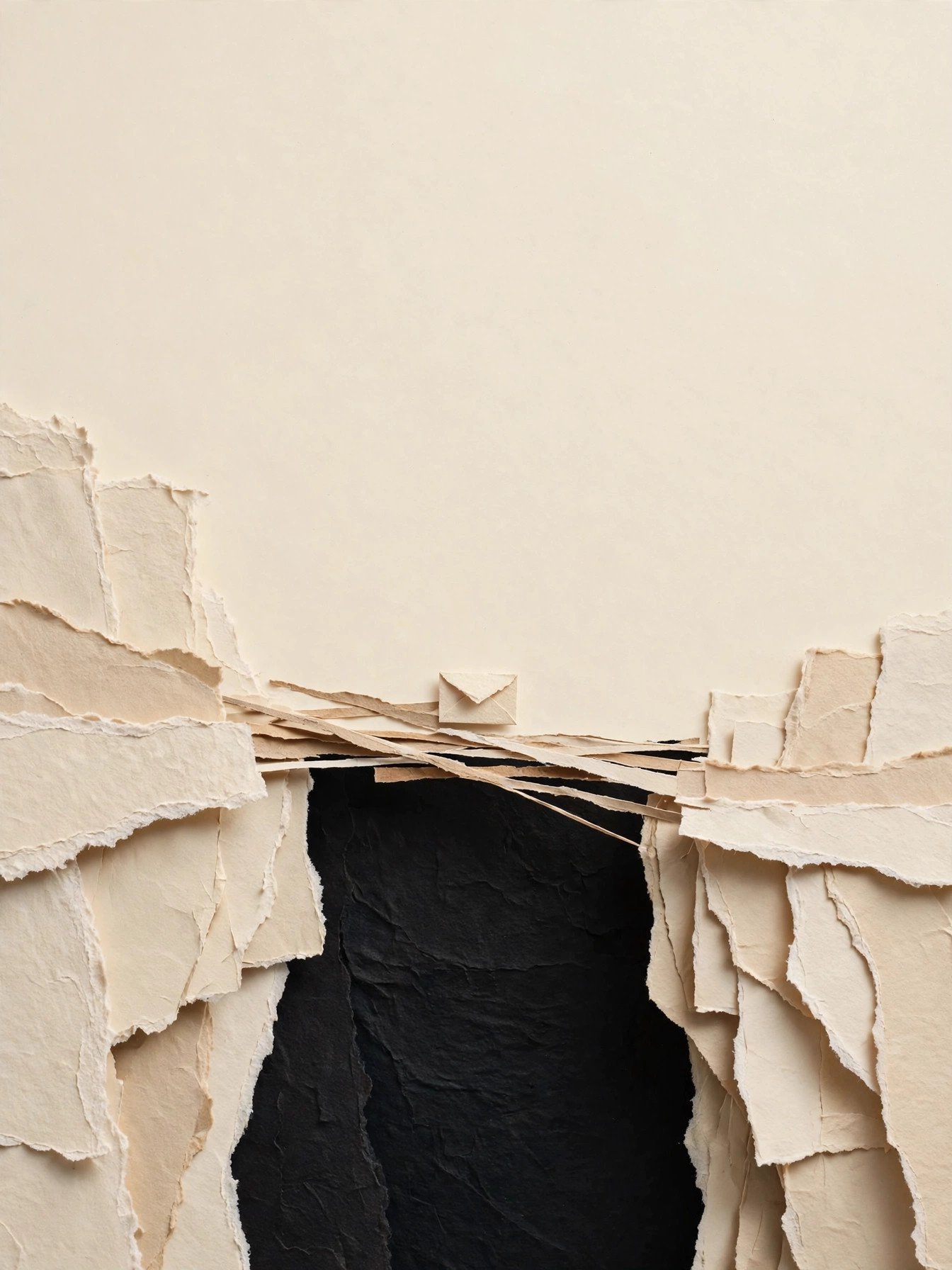 Paper collage of a small bridge spanning a gap between two paper cliffs with an envelope on it