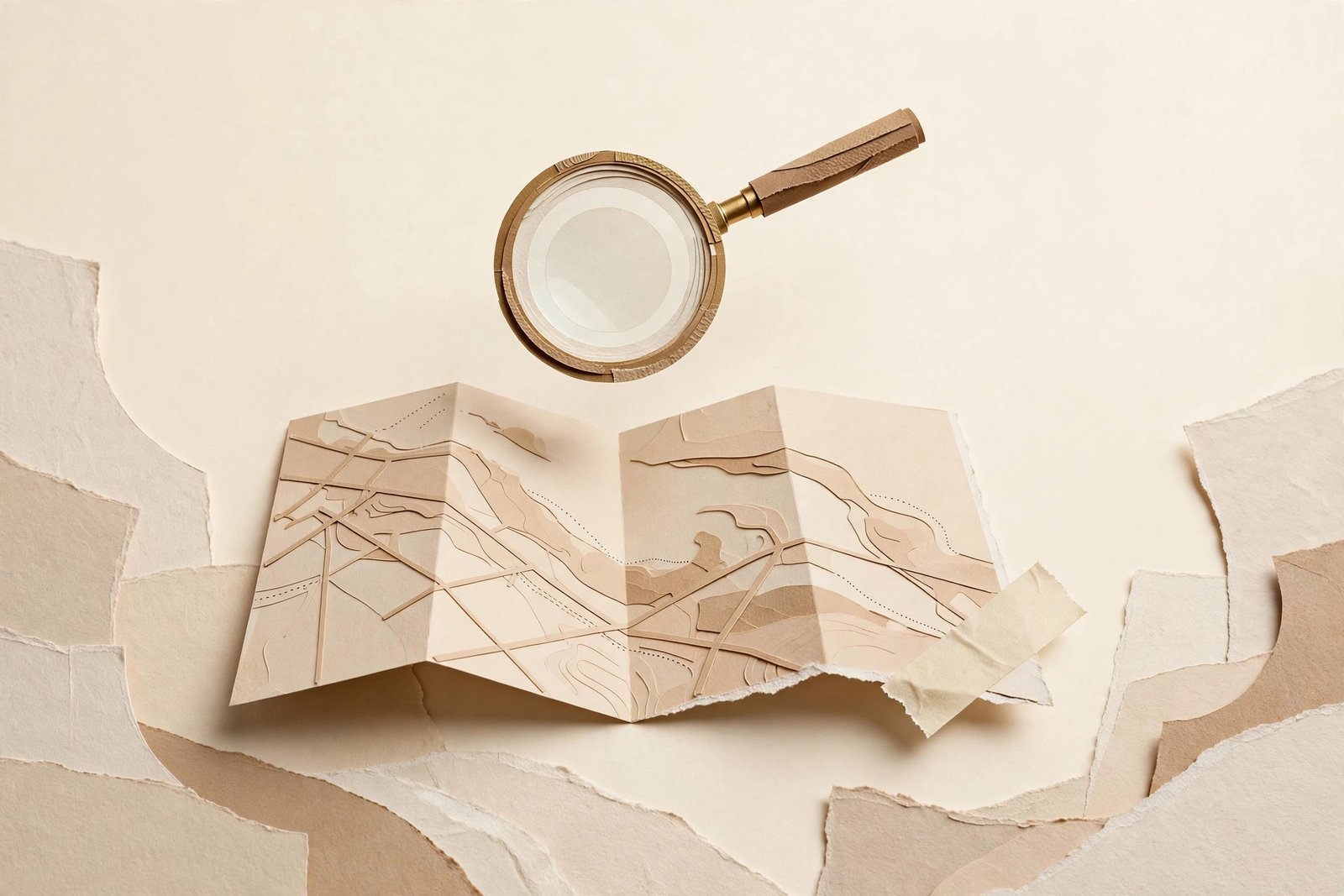 Link reclamation strategy: paper collage of a magnifying glass finding lost links on a folded map