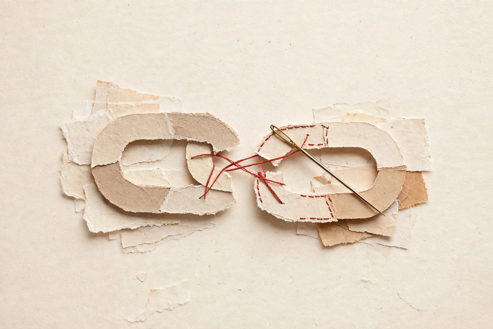 Link reclamation strategy: paper collage of a torn chain link being stitched back together with red thread