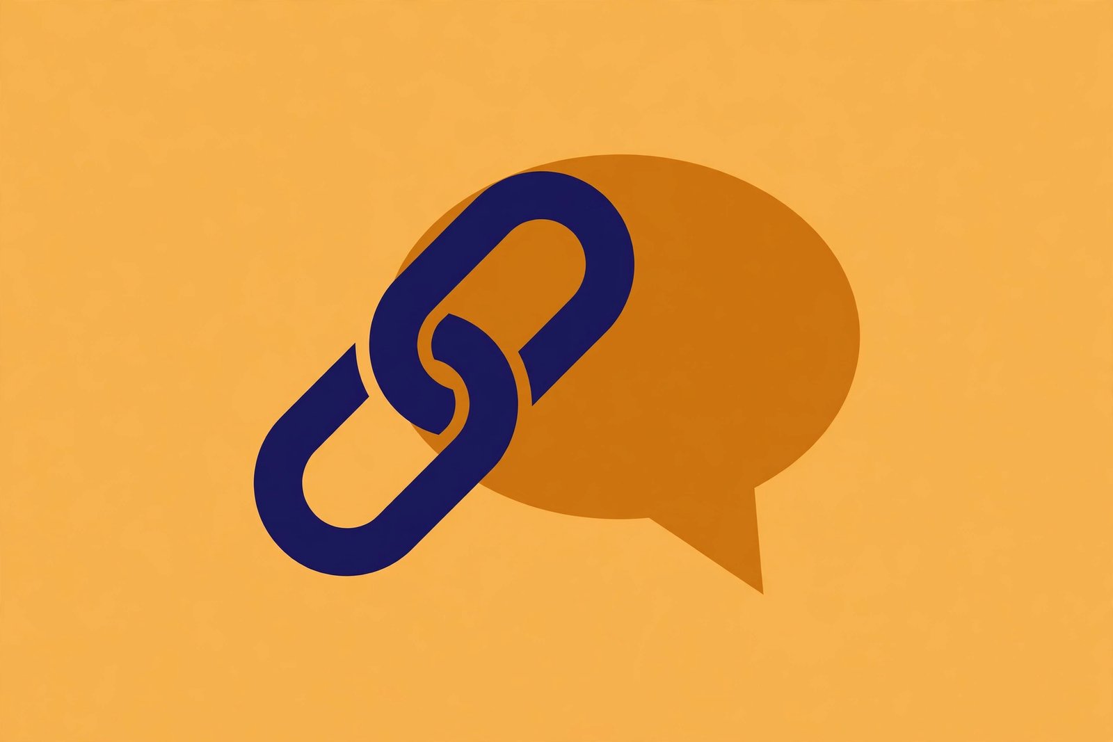 Unlinked brand mentions link building: a duotone minimal illustration of a chain link merging with a speech bubble